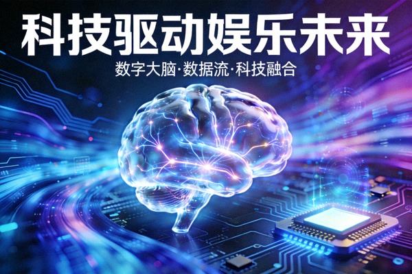 科技创新概念图 - 展示数字大脑、数据流与科技元素融合，象征科技驱动娱乐未来