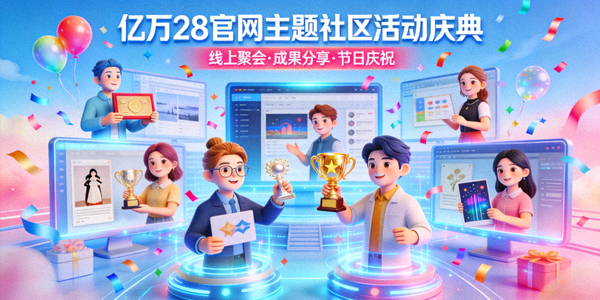亿万28官网主题社区活动庆典图片 - 显示用户线上聚会、分享成果与庆祝节日的虚拟场景