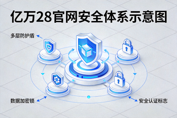 亿万28官网安全体系示意图 - 展示多层防护盾、数据加密锁与安全认证标志环绕平台核心