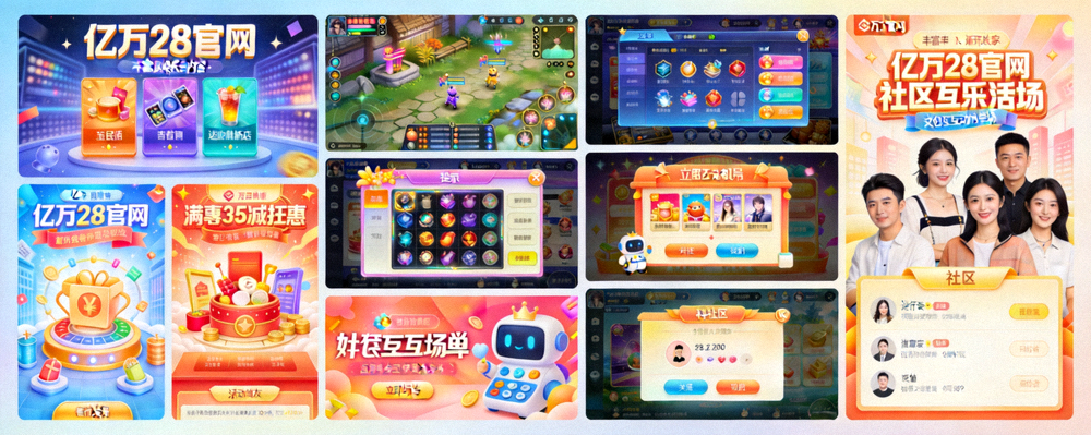 亿万28官网丰富娱乐内容展示图 - 呈现多种游戏界面、活动海报与社区互动场景的拼贴