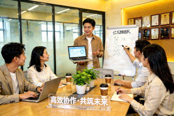 亿万28团队在现代化办公室中协作讨论的温馨场景，展现积极向上的企业文化