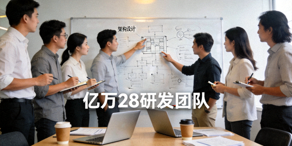 亿万28研发团队正在进行技术研讨 - 团队在白板前讨论架构设计与创新方案