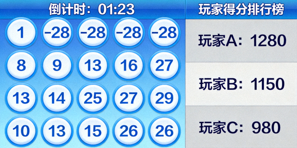 亿万28游戏中心数字挑战赛游戏界面 - 显示数字矩阵、倒计时与玩家得分排行榜